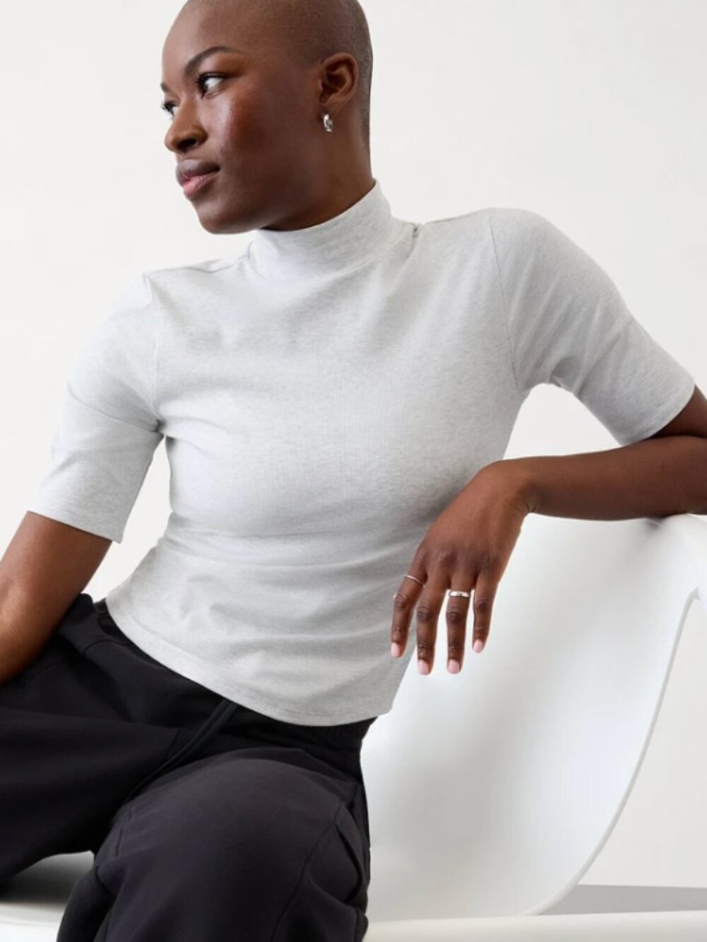 Athleta Signature Rib Mock Neck Elbow Sleeve Tee Fog Grey Heather M - Picture 2 of 6